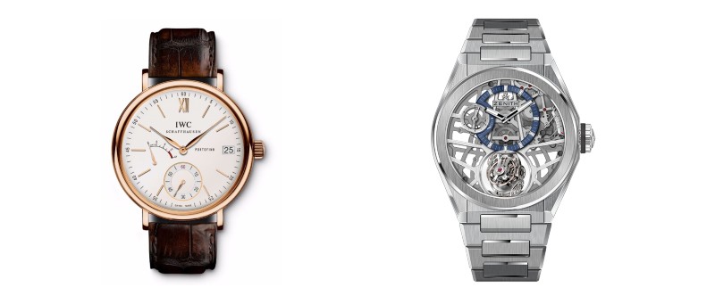 A gold IWC Portofino watch next to a silver skeleton dial Zenith Zero G watch