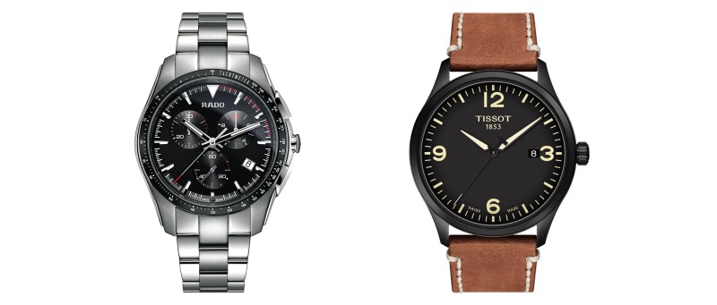 A black and silver Rado Hyperchrome watch next to a black and brown Tissot T-Sport Gent XL watch