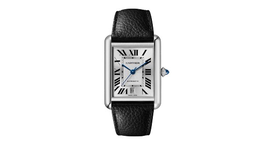 Silver Cartier watch with a rectangular case and dial, featuring Roman numeral indices and blue hands