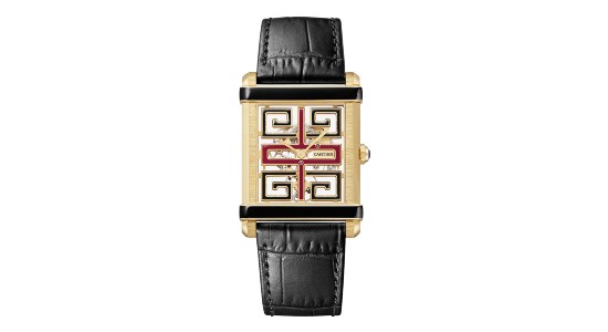 A distinctive Cartier watch with an eye catching geometric design on the dial and a black leather strap