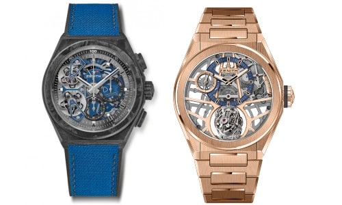 From the left: watch with a black case with skeletal dial plus blue textile strap; watch with rose gold skeletal dial case and bracelet
