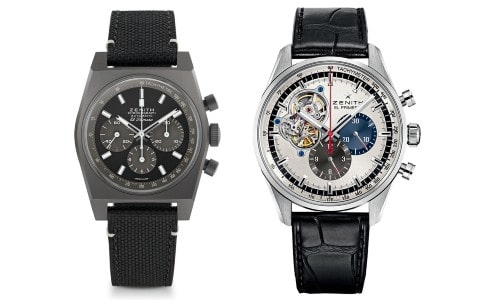 From the left: timepiece with a gray stainless steel case with three subdials and a chronograph; watch with bright steel case, white dial, and alligator leather strap