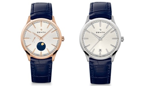 From the left: watch with blue alligator leather strap, charming moonphase complication, and rose gold case; a similar timepiece with a day/date instead of moonphase and white gold case
