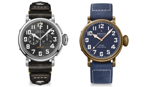 From the left; a dark-green timepiece with a camo pattern and two subdials; a blue and bronze watch with a quick-to-read dial