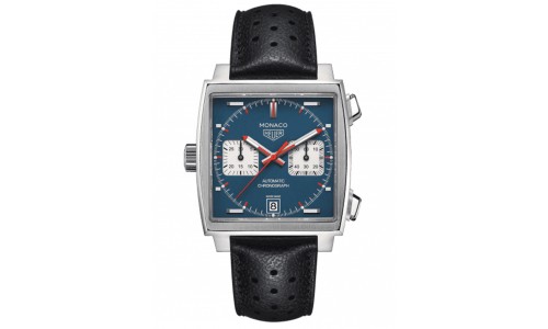 TAG Heuer Monaco timepiece featuring a square shaped dial and a chronograph with two subdials