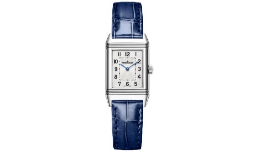 Rectangular watch with blue strap and stainless steel case by Jaeger-LeCoultre