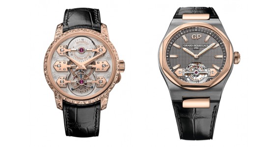 Two Girard-Perregaux watches with rose gold bezels and details and black straps