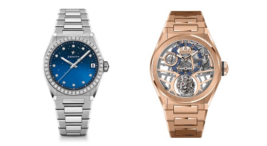 Two Zenith watches, one silver with a blue dial and one rose gold with a skeleton guy
