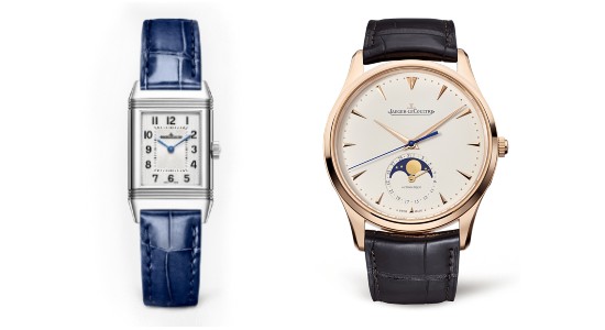 Two Jaeger-LeCoultre watches, one with a silver rectangular case and blue strap and the other with a rose gold case, a cream dial, and black strap