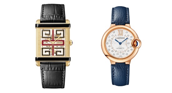 Two Cartier watches, one with a yellow gold case and geometric details and the other with a rose gold case and blue strap