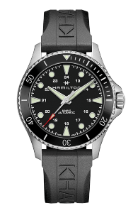 A Hamilton Khaki Navy watch features a rubber watch band