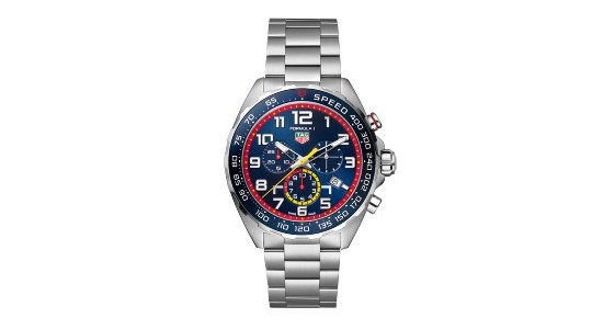 a silver watch by TAG Heuer featuring multiple subdials and blue watch face