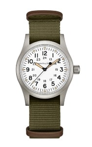 A Hamilton Khaki Field watch with a mechanical movement and a textile strap.