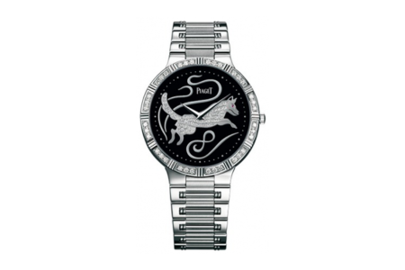 A distinctive Piaget watch with an elegant wolf motif on the dial, available at Hing Wa Lee Jewelers.