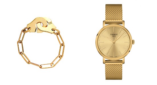 a yellow gold Dinh Van bracelet next to a yellow gold Tissot watch