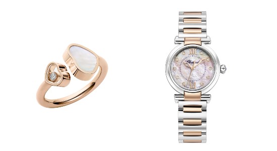 a rose gold Chopard ring next to a mixed metal Chopard watch