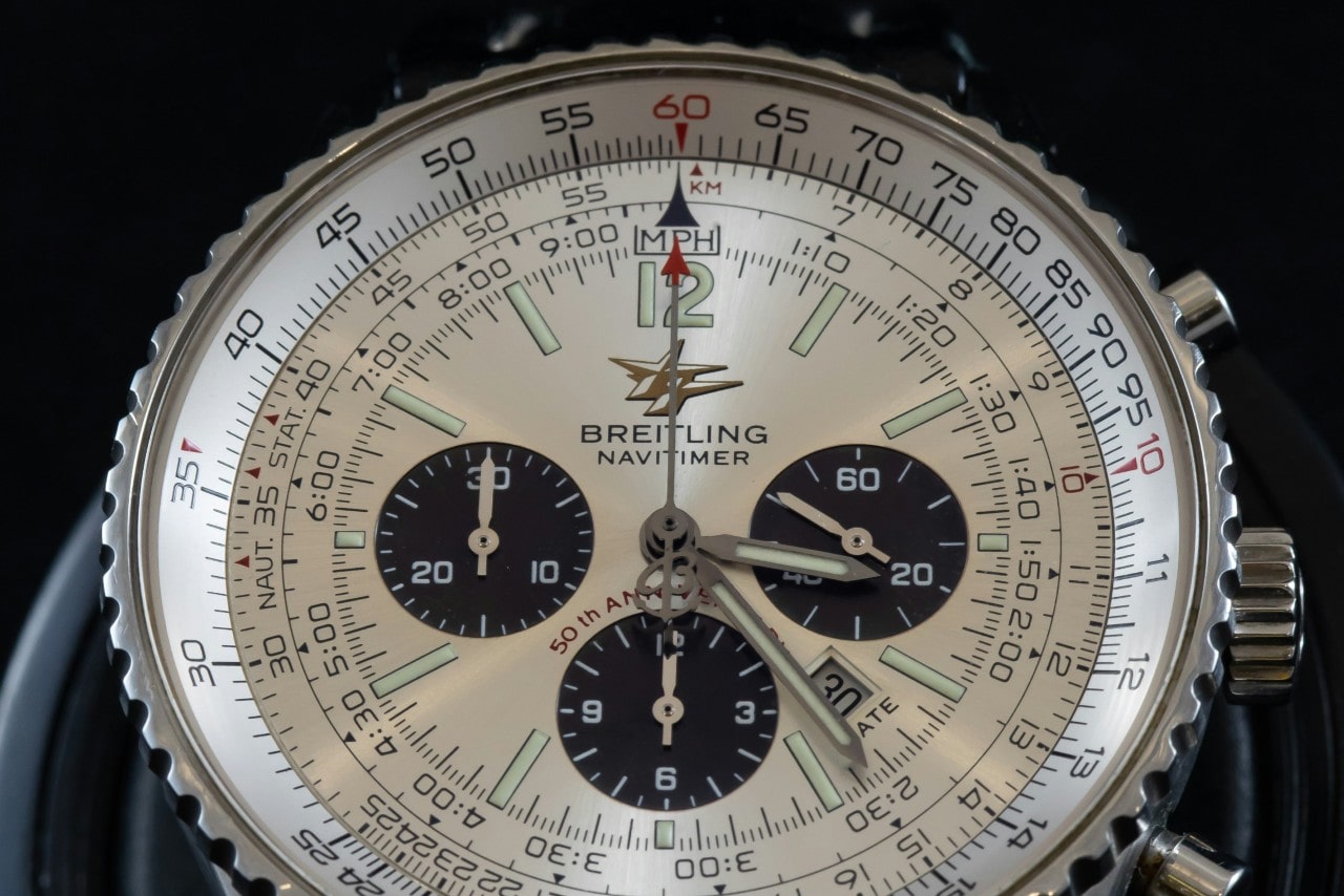 close up image of a Breitling Navitimer watch