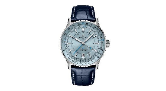 a silver watch with a metallic blue dial