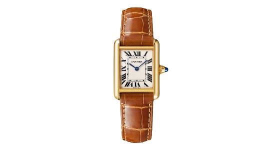 a Cartier Tank watch with a gold, rectangular case