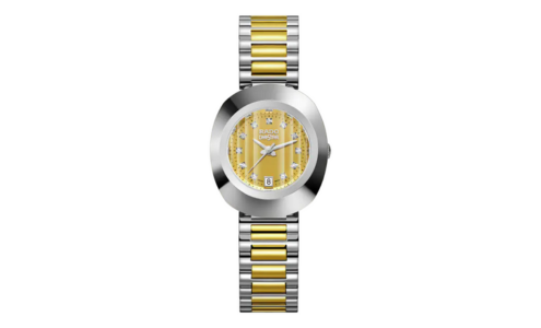 A Rado Original watch crafted in yellow gold and stainless steel, available at Hing Wa Lee Jewelers.