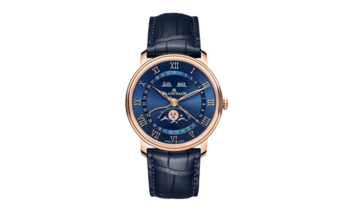 A sleek and stunning Blancpain watch with a blue dial, available at Hing Wa Lee Jewelers.