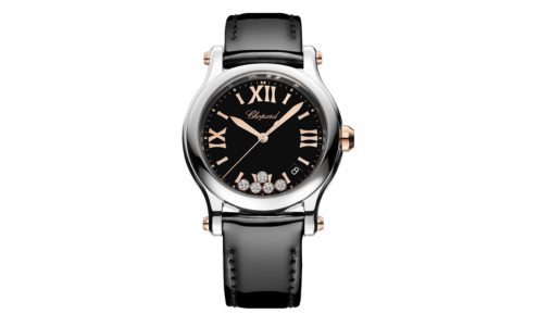 A Chopard sport watch with leather straps, available at Hing Wa Lee Jewelers.